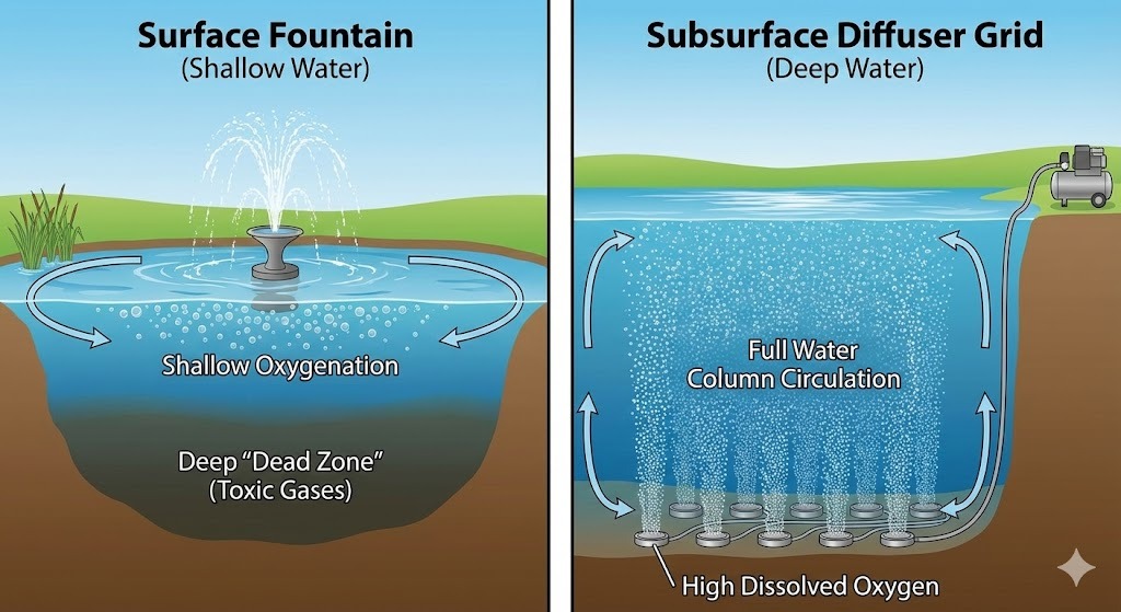 Аэрация озер и прудов: профессиональное руководство по выбору систем и диффузоров
